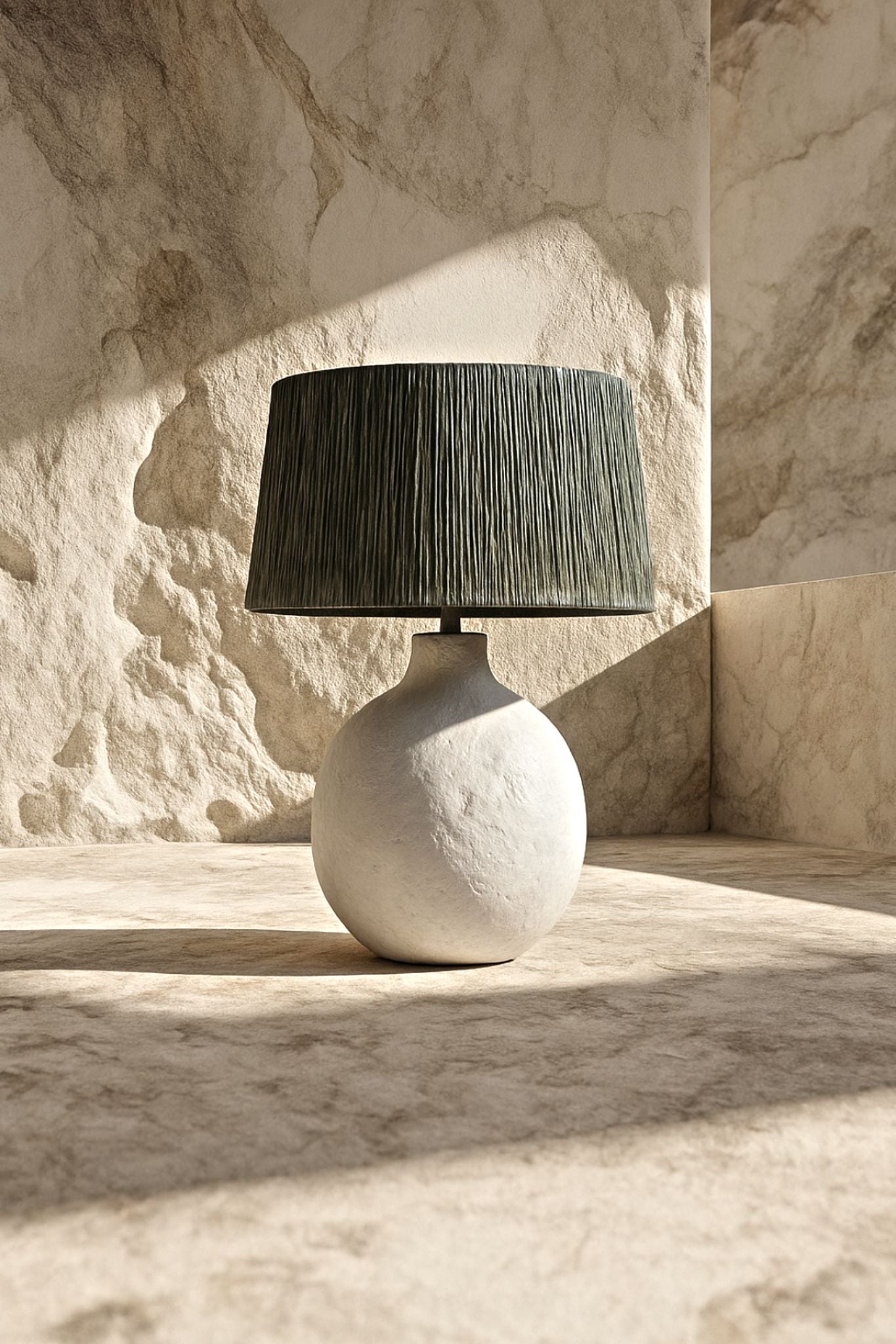 Fajra Table Lamp – Green Raffia Shade, White Base