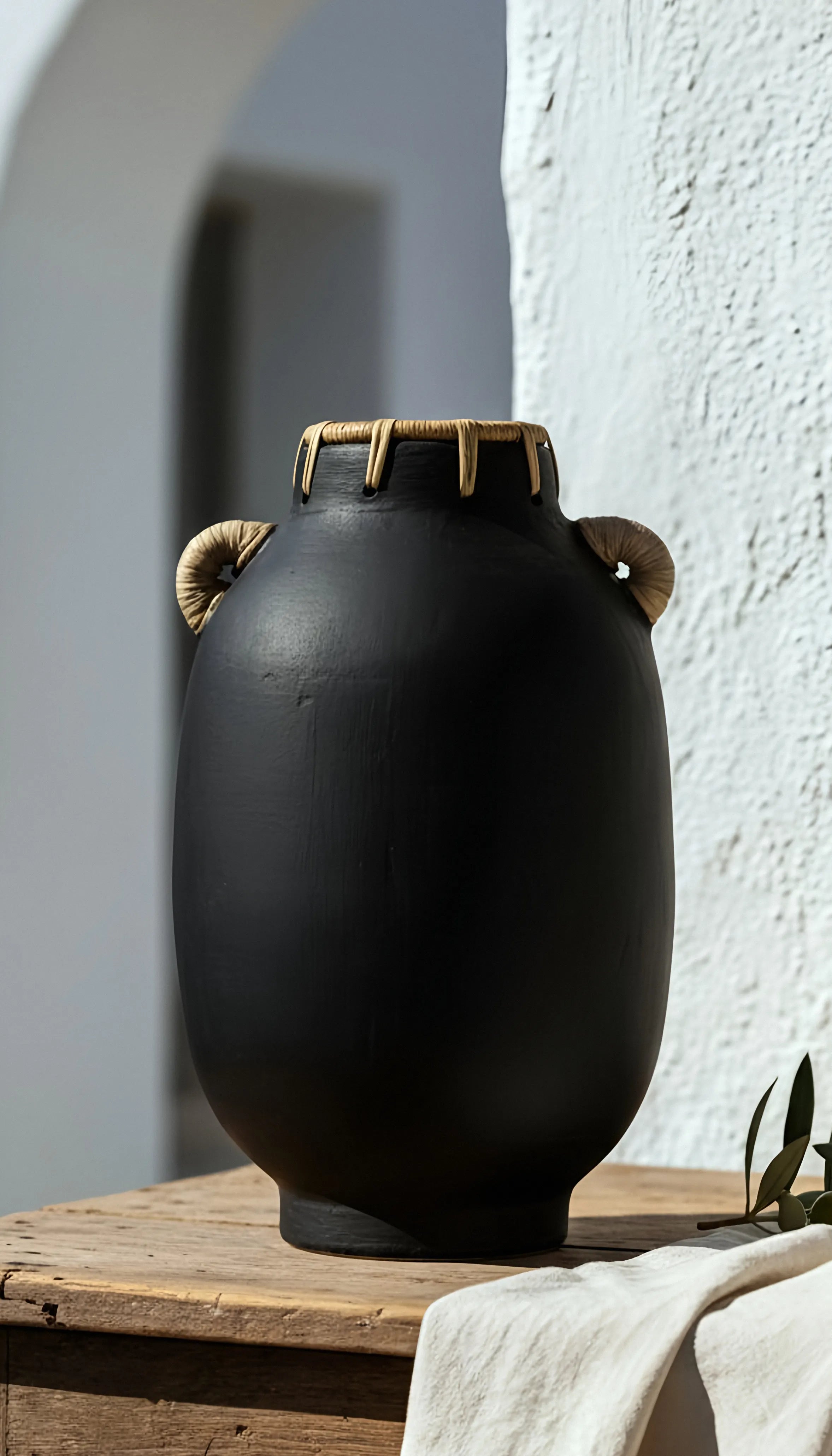 Noira Clay Vase – Matte Black with Rattan Accents
