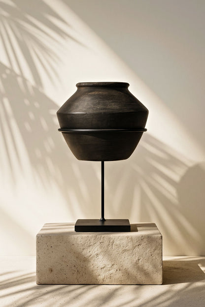 Soma Black Ceramic Vase on Iron Stand
