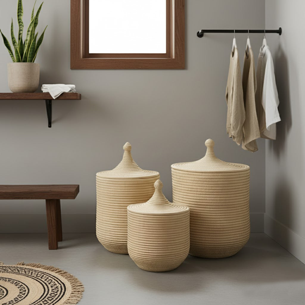 Handwoven Palm Storage Basket with Lid (Natural)