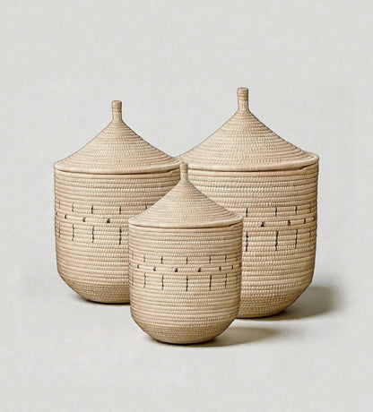 Handwoven Palm Storage Basket with Lid (Patterned)