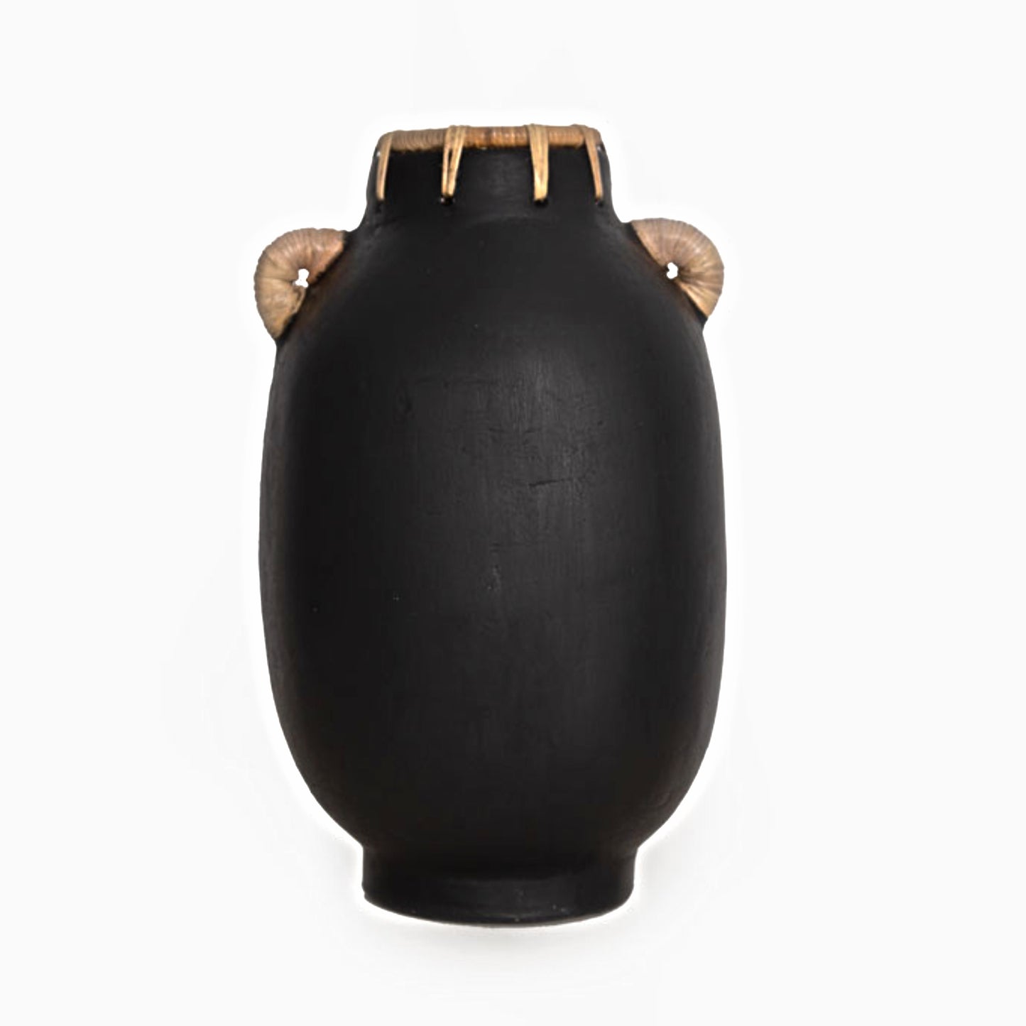 Noira Clay Vase – Matte Black with Rattan Accents