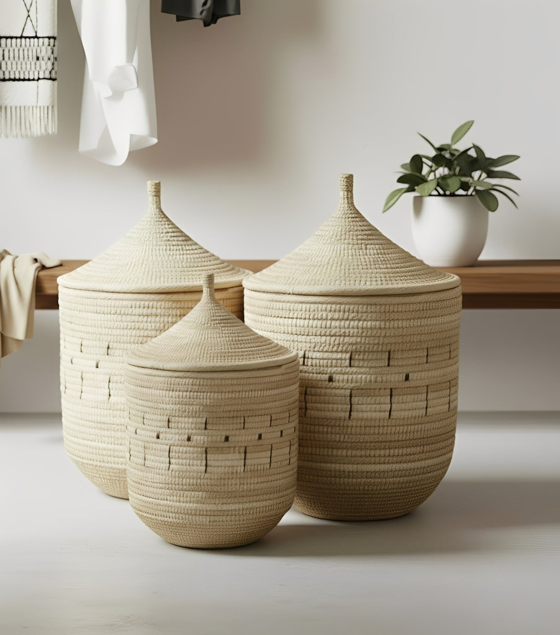 Handwoven Palm Storage Basket with Lid (Patterned)