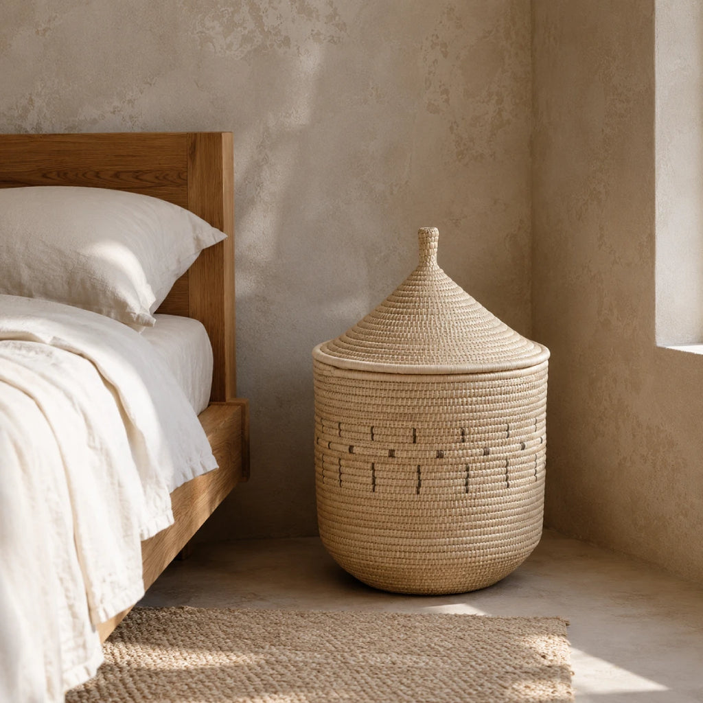 Handwoven Palm Storage Basket with Lid (Patterned)