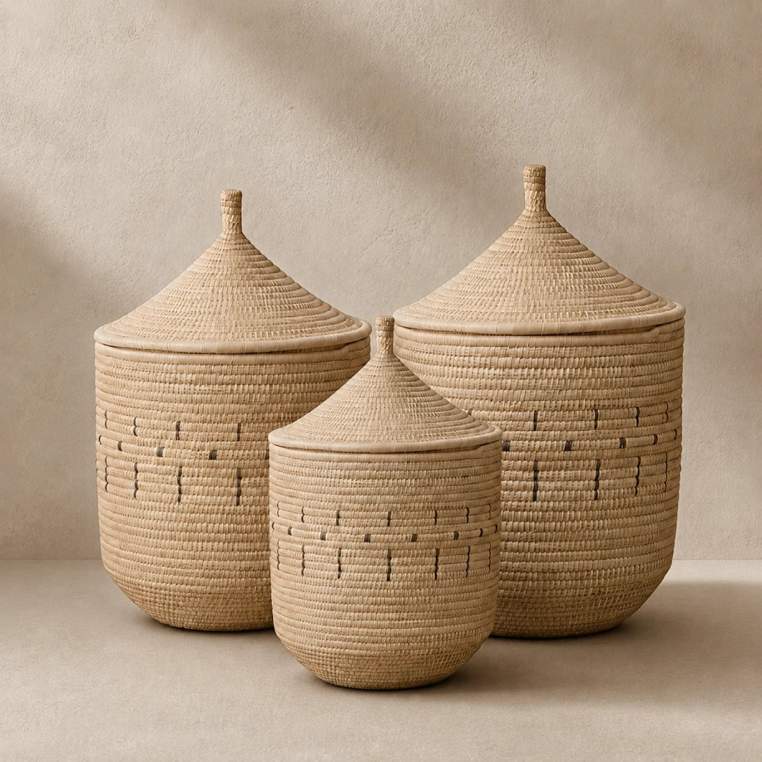 Handwoven Palm Storage Basket with Lid (Patterned)