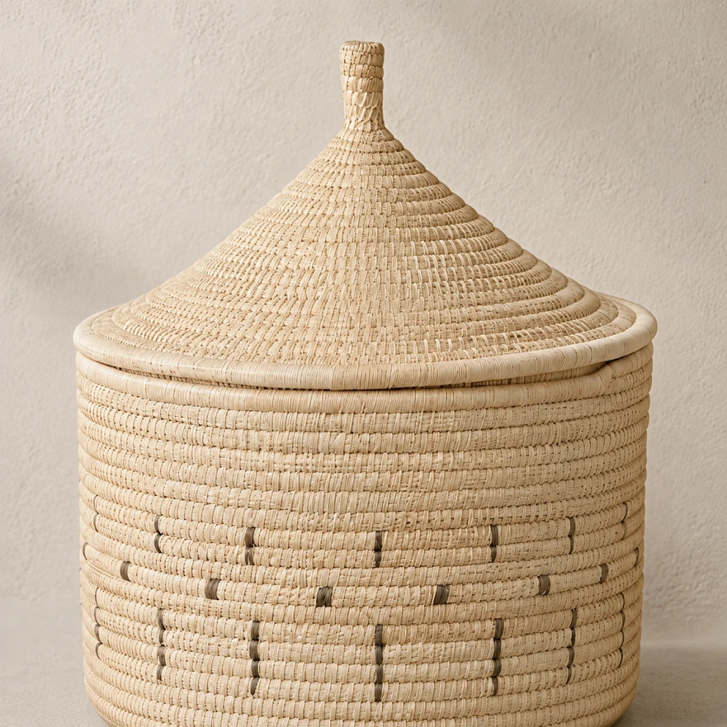 Handwoven Palm Storage Basket with Lid (Patterned)