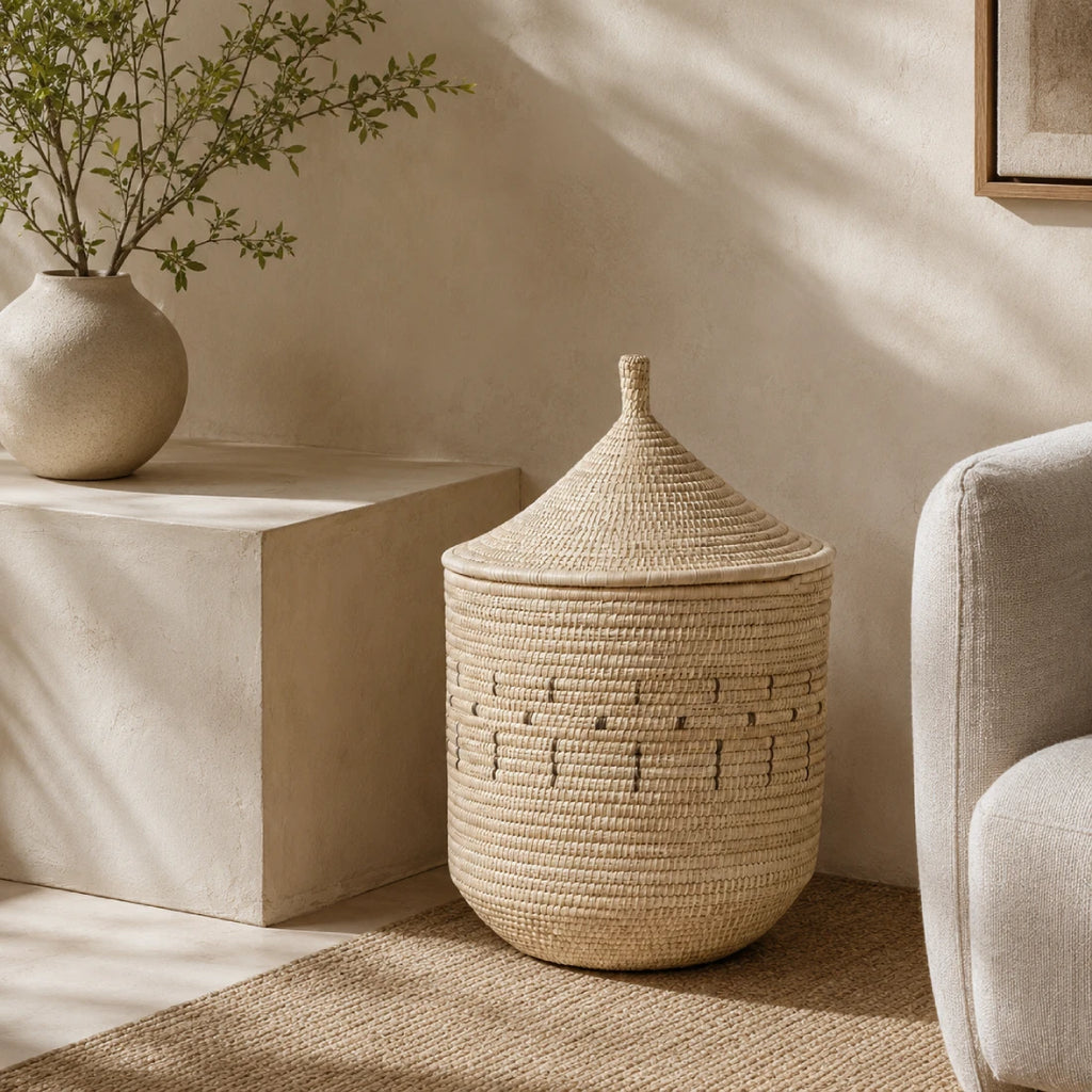 Handwoven Palm Storage Basket with Lid (Patterned)