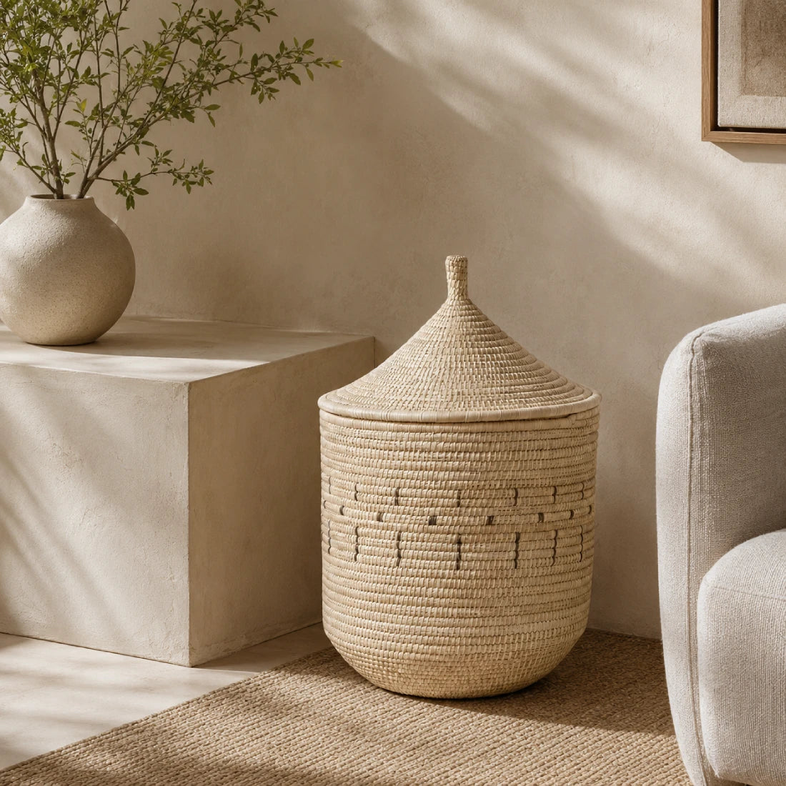 Handwoven Palm Storage Basket with Lid (Patterned)
