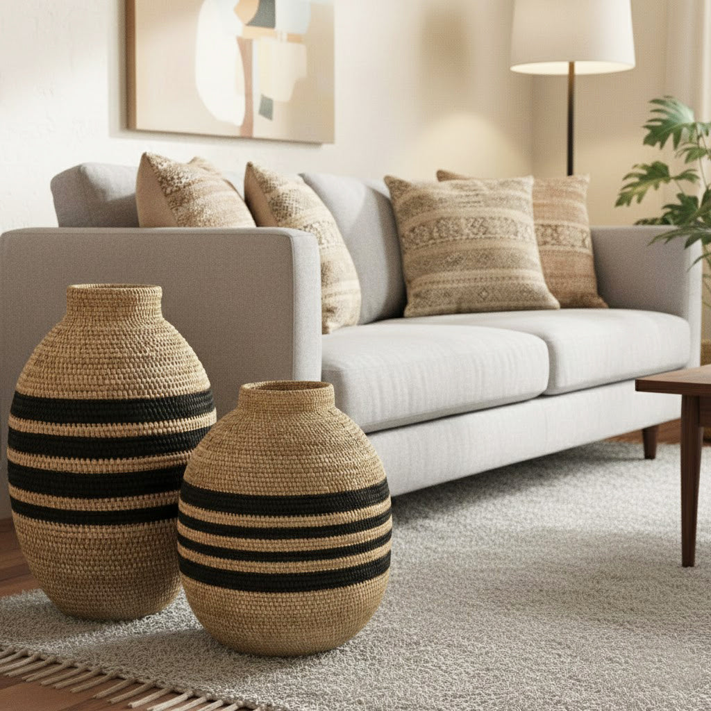 Striped Decorative Basket (Natural & Black)