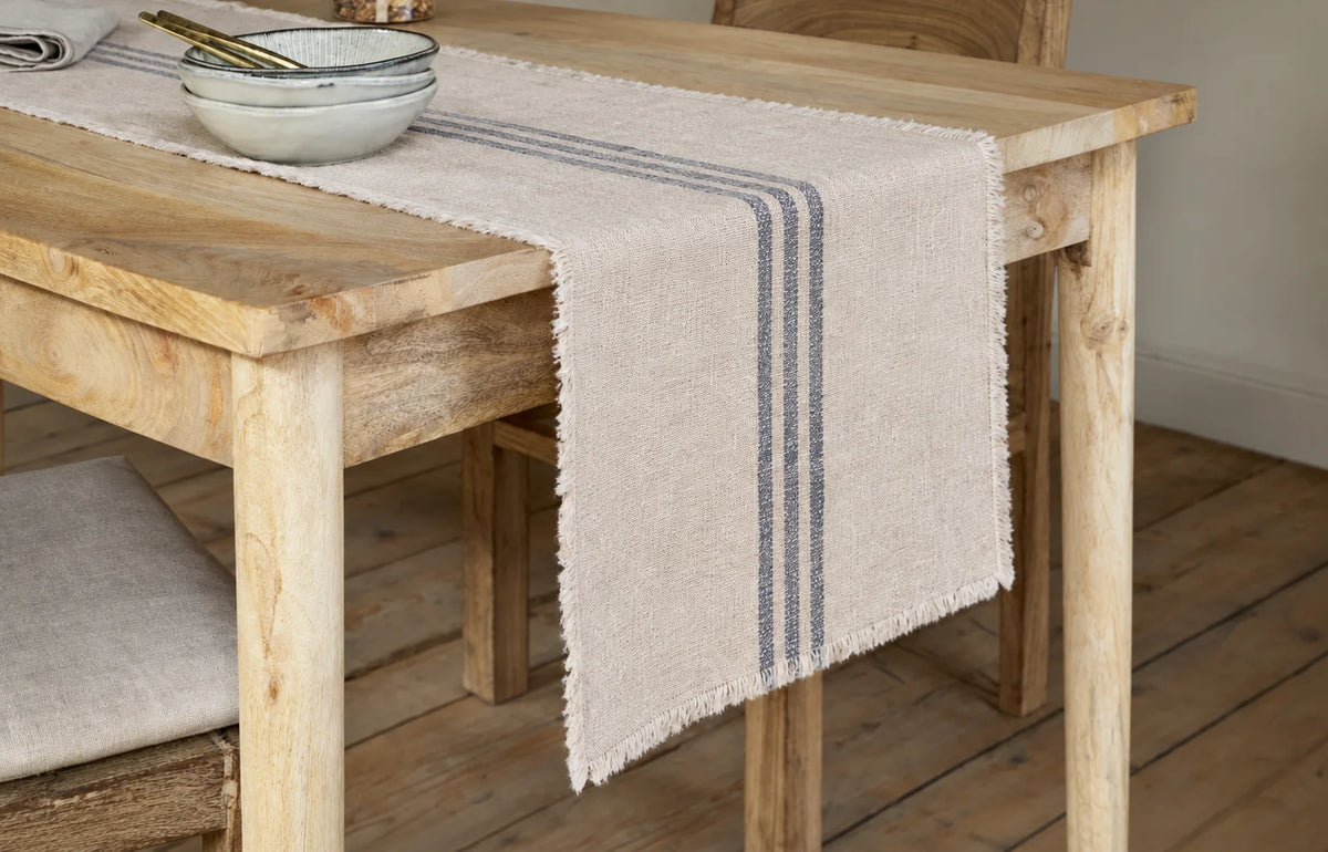 Natural Linen Table Runner – Dark Grey Stripe