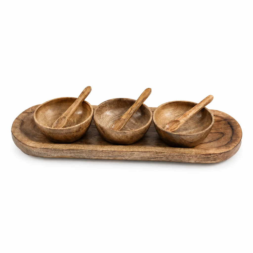 Mango Wood Decorative Bowl Set with Spoons – Set of 3