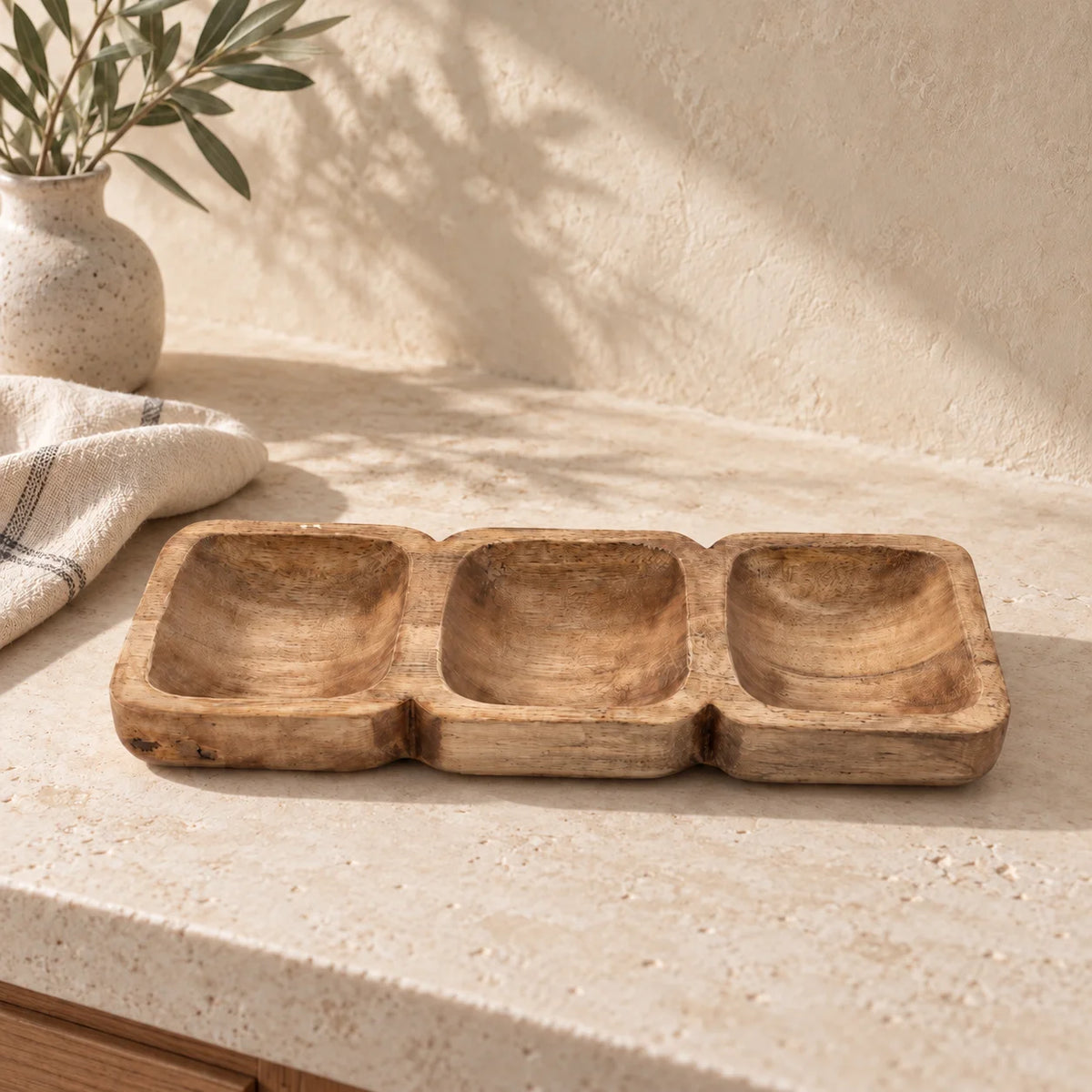 Mango Wood Triple Compartment Decorative Tray
