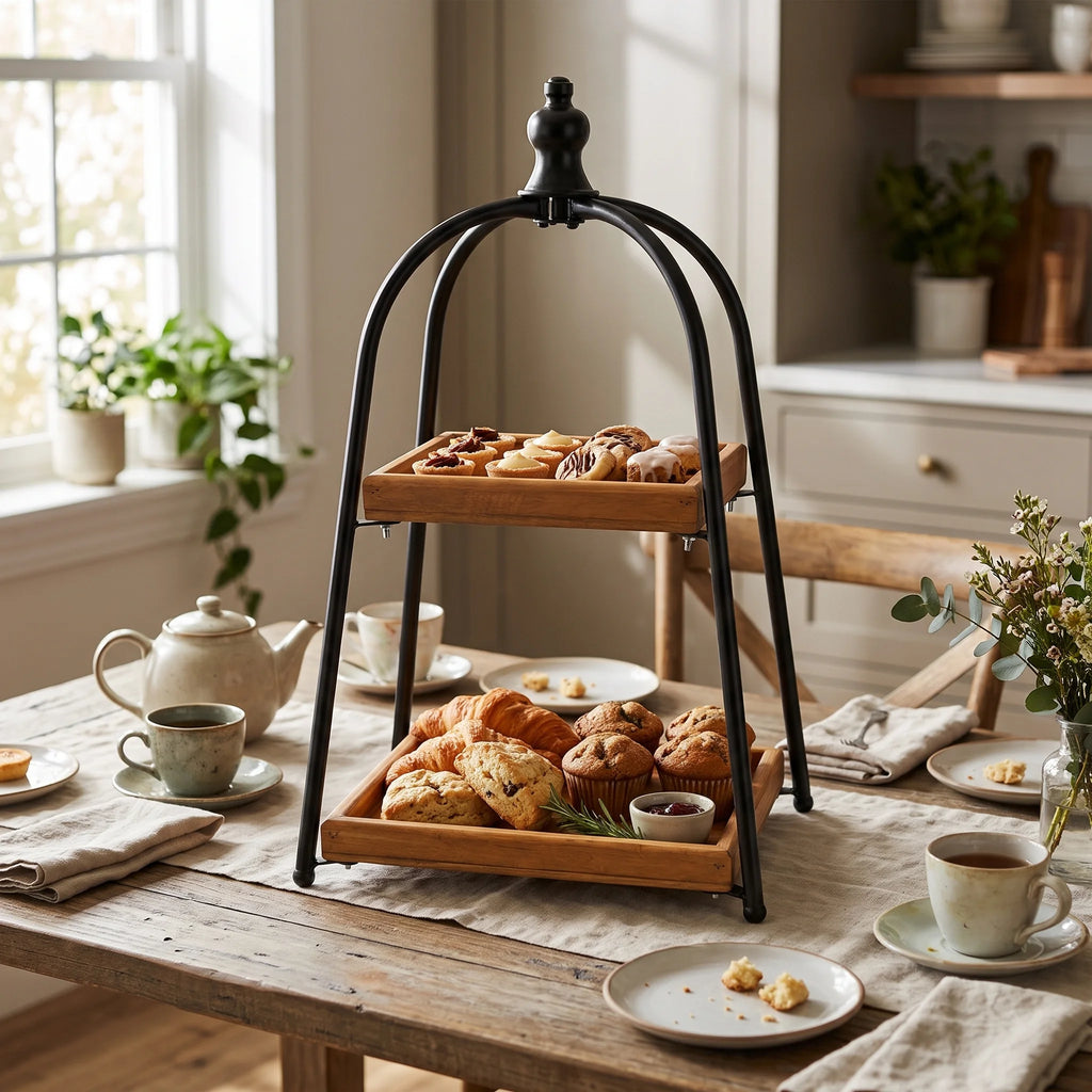 Two-Tier Mango Wood & Metal Serving Stand