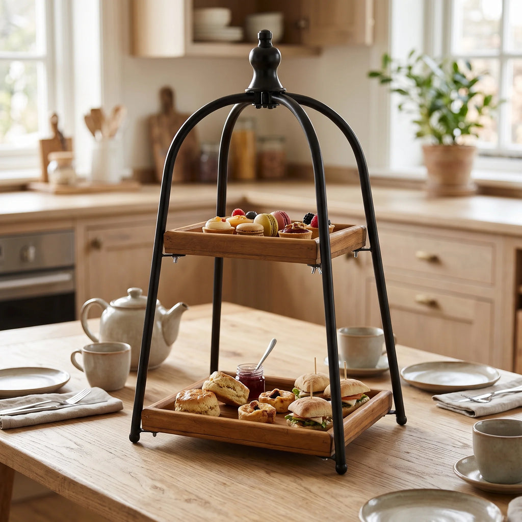 Two-Tier Mango Wood & Metal Serving Stand