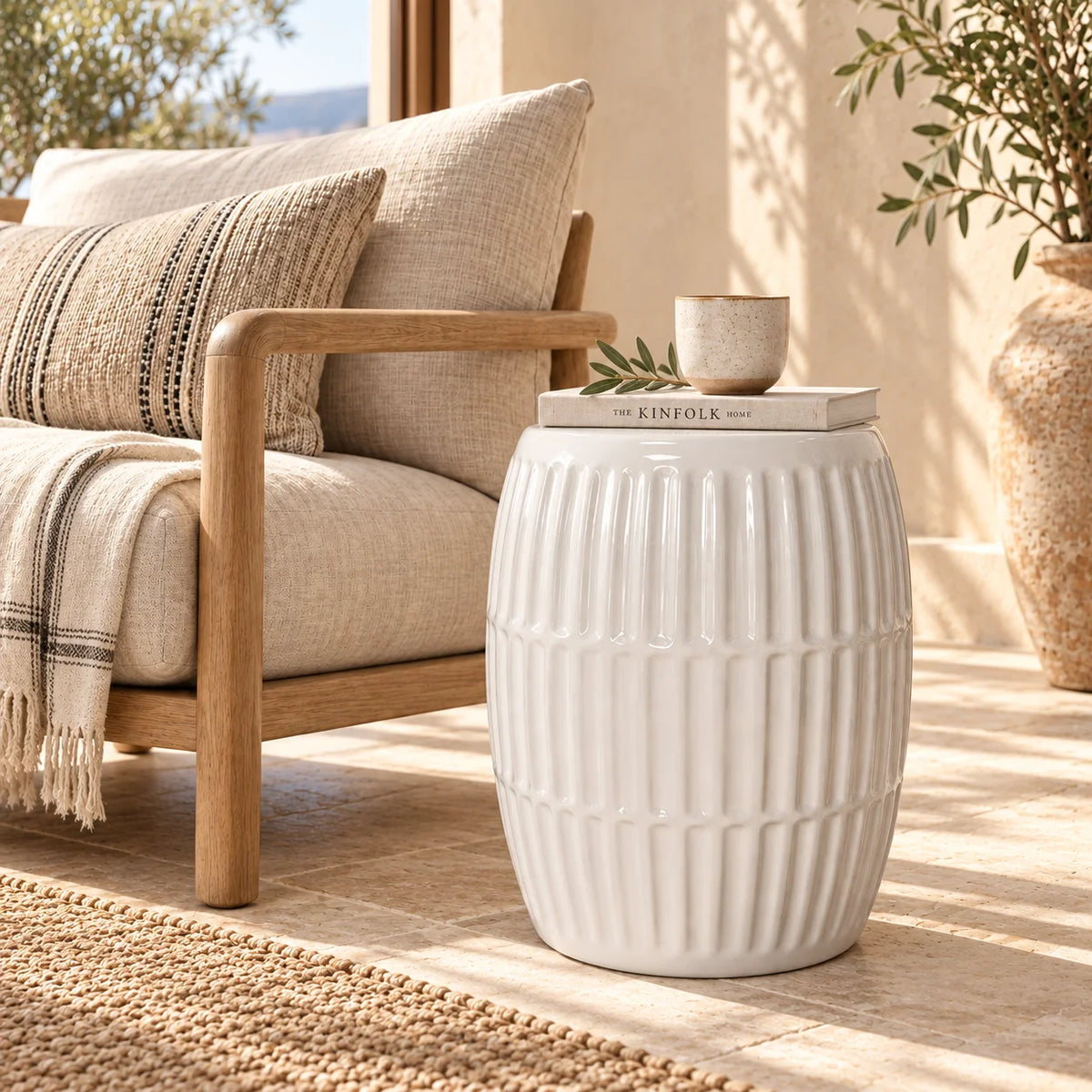 White Ribbed Porcelain Side Table